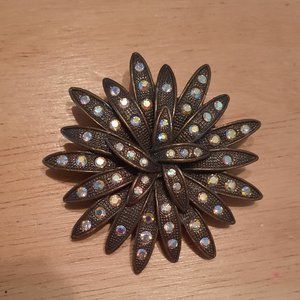 Vtg. Bronze Tone AB Rhinestones Flower Brooch